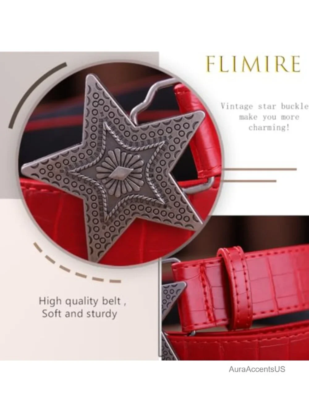 Faux Leather Red Western Belt with Floral Buckle for Women